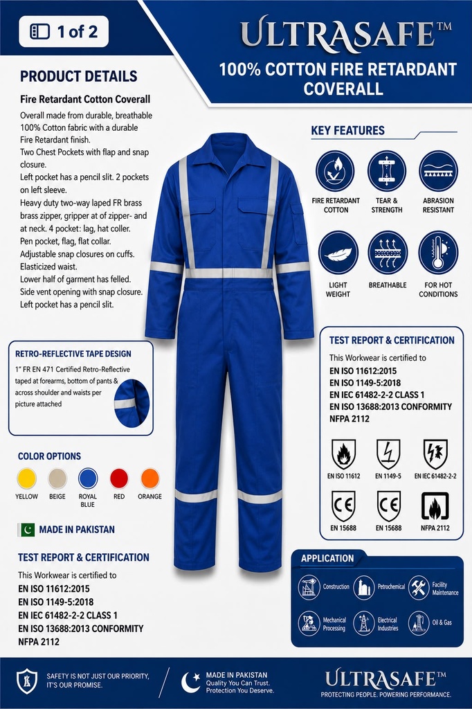 [ULTFR2690-YEL-S] ULTRASAFE 100% Cotton FR Coverall with Reflective Tape (Yellow, SMALL)